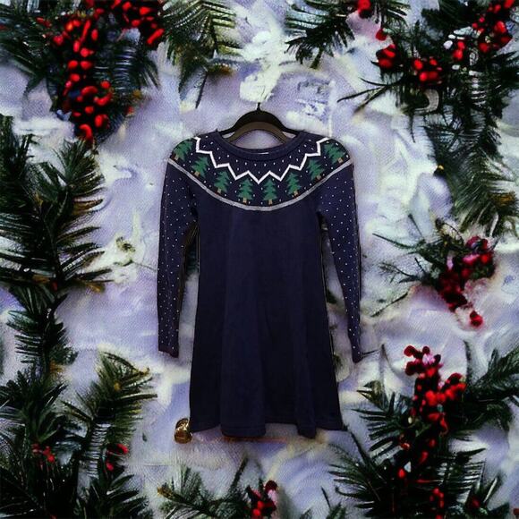 Hanna Anderson Girl Navy Blue With Christmas Trees Knit Dress Size Girl 10 140cm - Picture 1 of 8